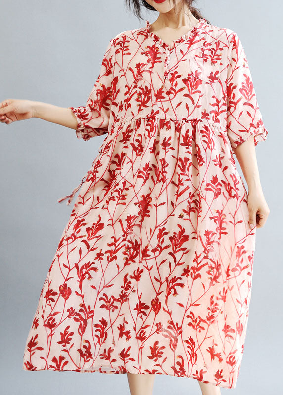 DIY Red Ruffled Print Linen Holiday Dress Half Sleeve