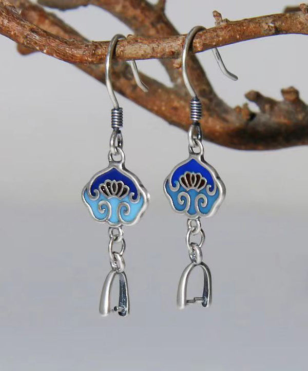 DIY Vintage Blue Floral Patchwork Silver Drop Earrings