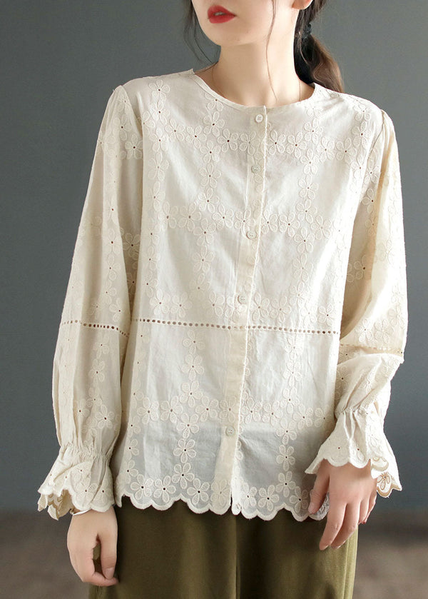 DIY White O Neck Patchwork Embroidered Cotton Blouses Spring