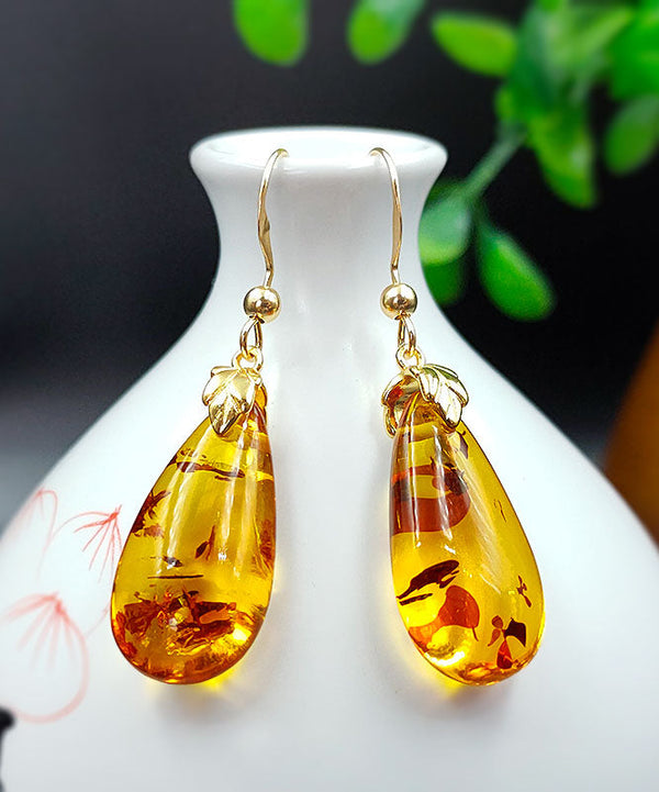 DIY Yellow 14K Gold Amber Water Drop Drop Earrings