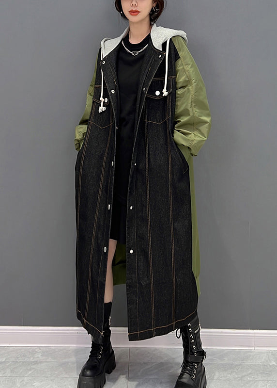 Denim Black Patchwork Button Hooded Coat Fall