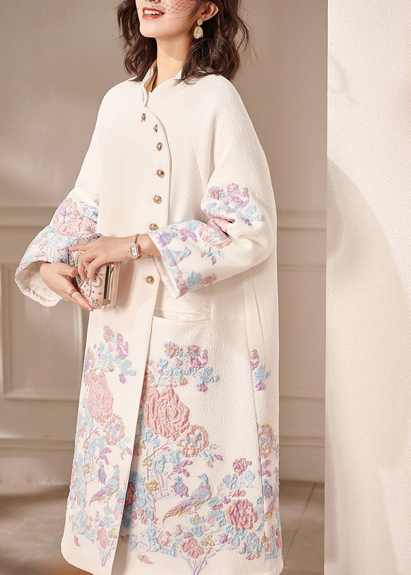 Dinner White Stand Collar Embroidered Button Thick Cotton Coats Spring