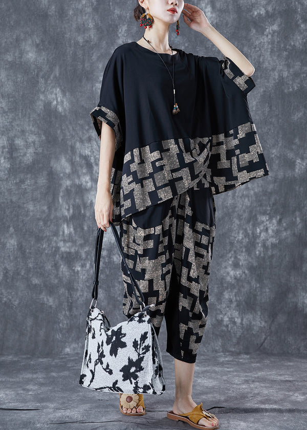 Diy Black Asymmetrical Patchwork Print Cotton Two Pieces Set Summer