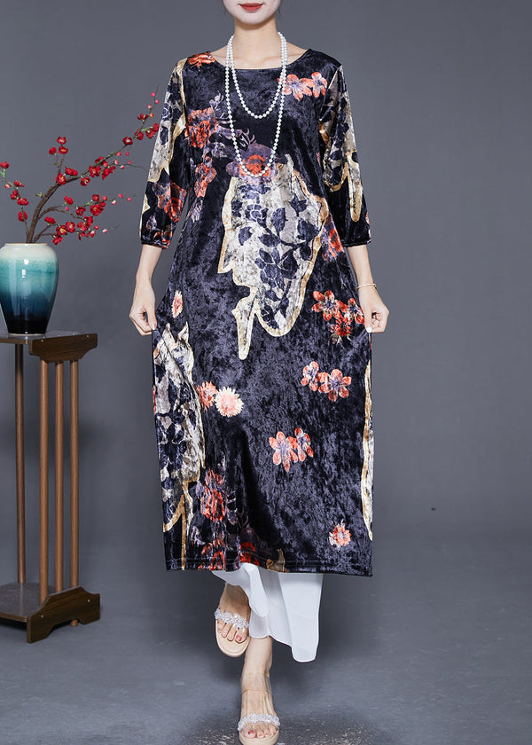 Diy Black Oversized Print Silk Velour Long Dress Bracelet Sleeve