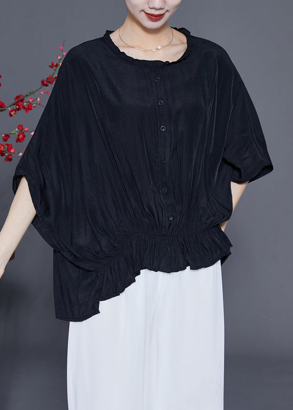 Diy Black Oversized Wrinkled Silk Shirt Top Summer