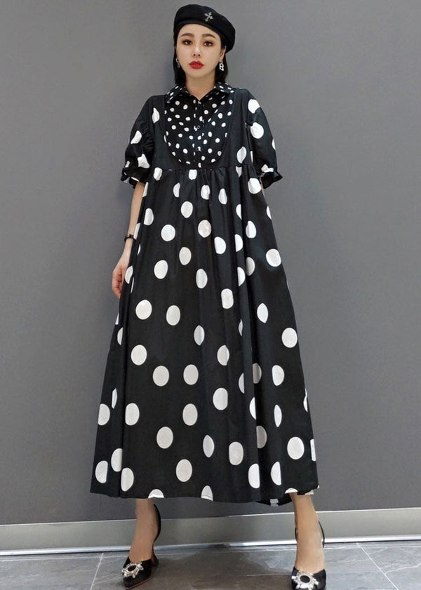 Diy Black Peter Pan Collar Patchwork Dot Print Exra Large Hem Cotton Long Dress Short Sleeve