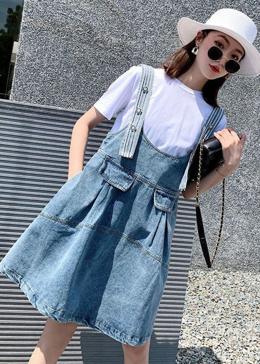 Diy Blue Oversized Patchwork Denim Strap Dress Two Piece Set Women Clothing Summer