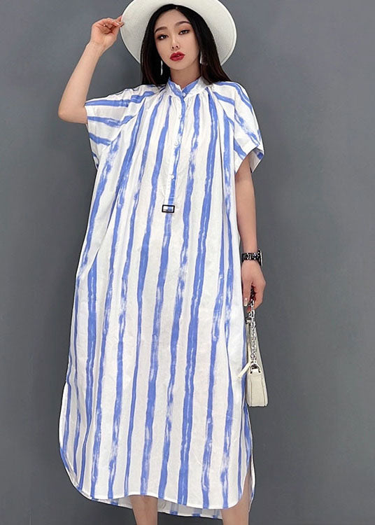 Diy Blue Striped Stand Collar Side Open Cotton Maxi Dresses Short Sleeve