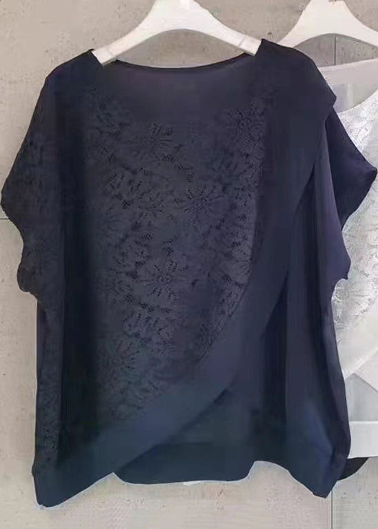 Diy Navy Asymmetrical Lace Patchwork Chiffon Shirt Tops Summer