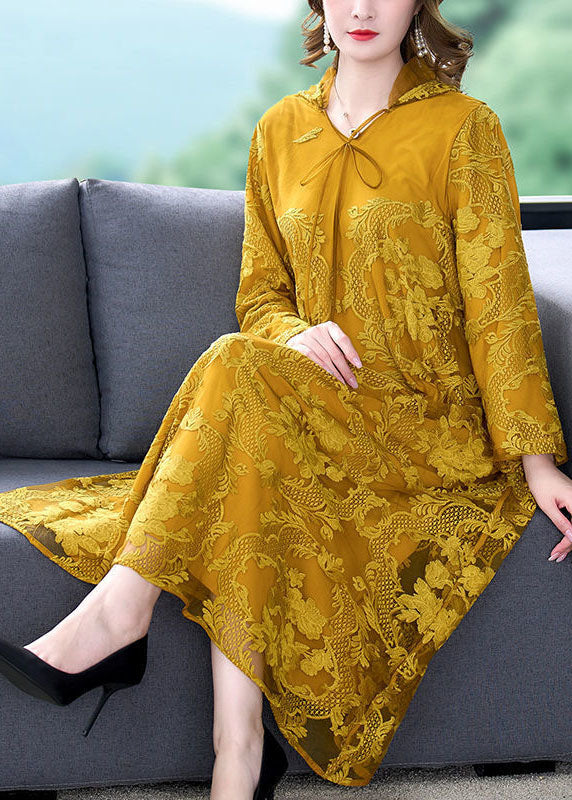 Diy Yellow Hooded Embroidered Lace Up Silk A Line Dresses Spring