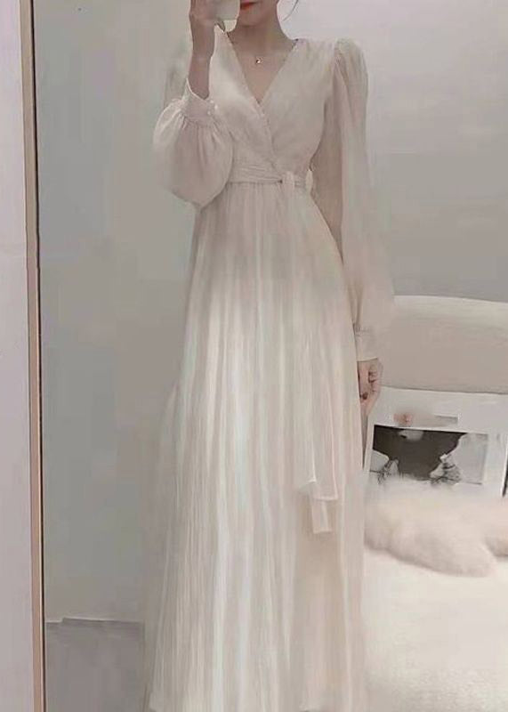 Elegant Apricot V Neck Tie Waist Chiffon Long Dress Spring