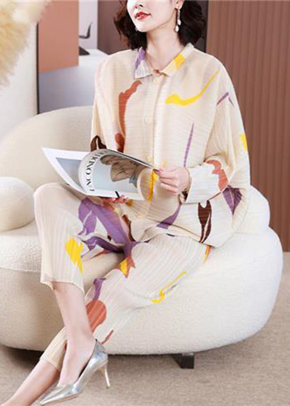 Elegant Beige Oversized Print Wrinkled Two Pieces Set Batwing Sleeve