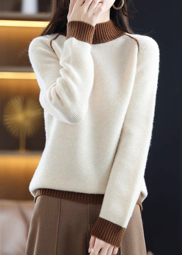 Elegant Beige Turtleneck Cozy Patchwork Wool Knit Sweaters Fall