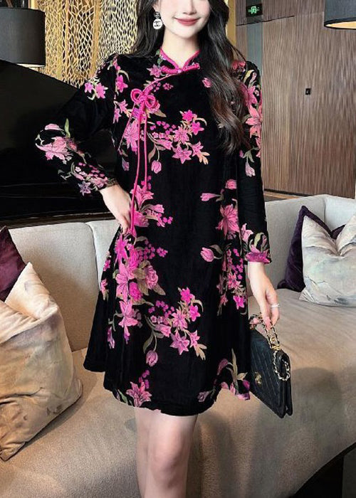 Elegant Black Chinese Button Print Silk Velour Mid Dress Long Sleeve