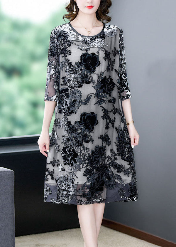 Elegant Black Grey Embroidered Patchwork Silk Dresses Summer