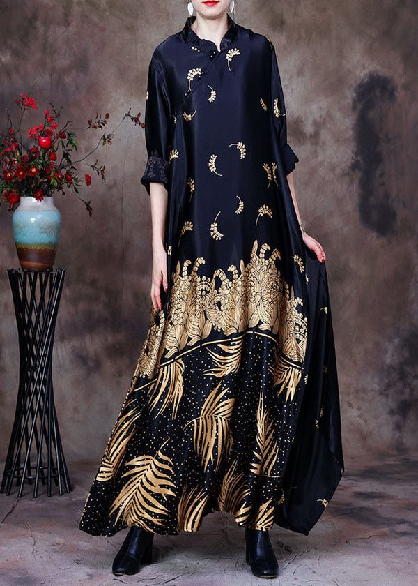 Elegant Black Mandarin Collar Print Silk Long Dress Gown Long Sleeve