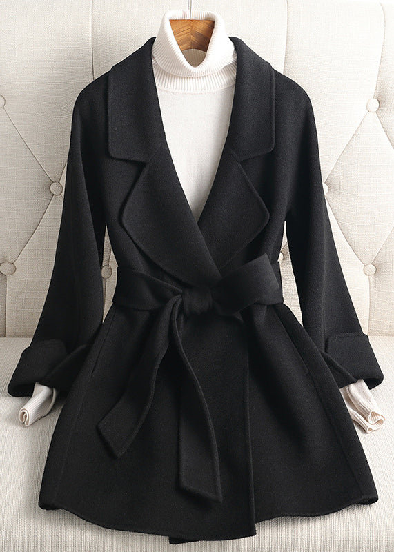 Elegant Black Notched Solid Woolen Coats Fall