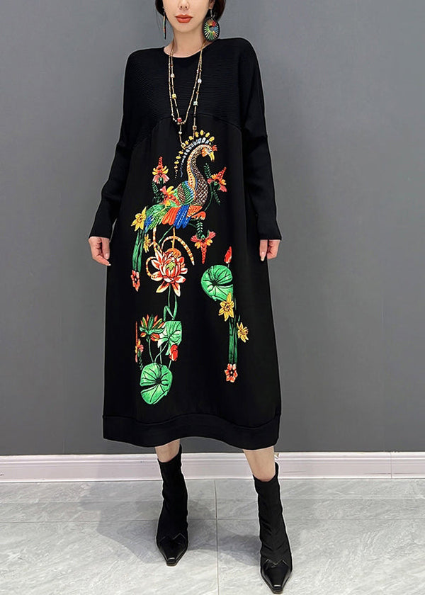 Elegant Black O-Neck Embroidered Knit Maxi Dress Fall