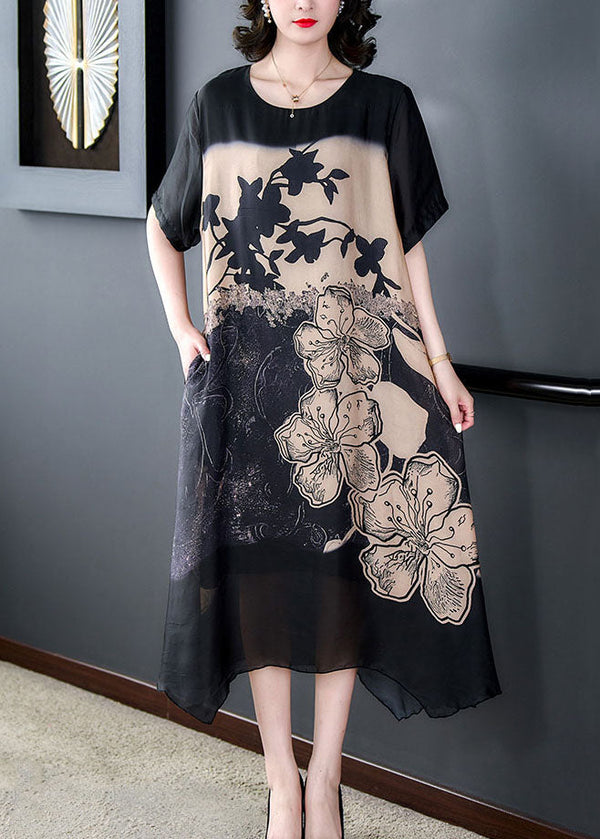 Elegant Black O Neck Print Patchwork Silk Long Dresses Summer