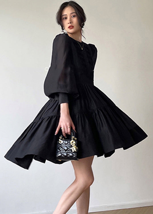 Elegant Black O-Neck Print Silk Mid Dress Long Sleeve