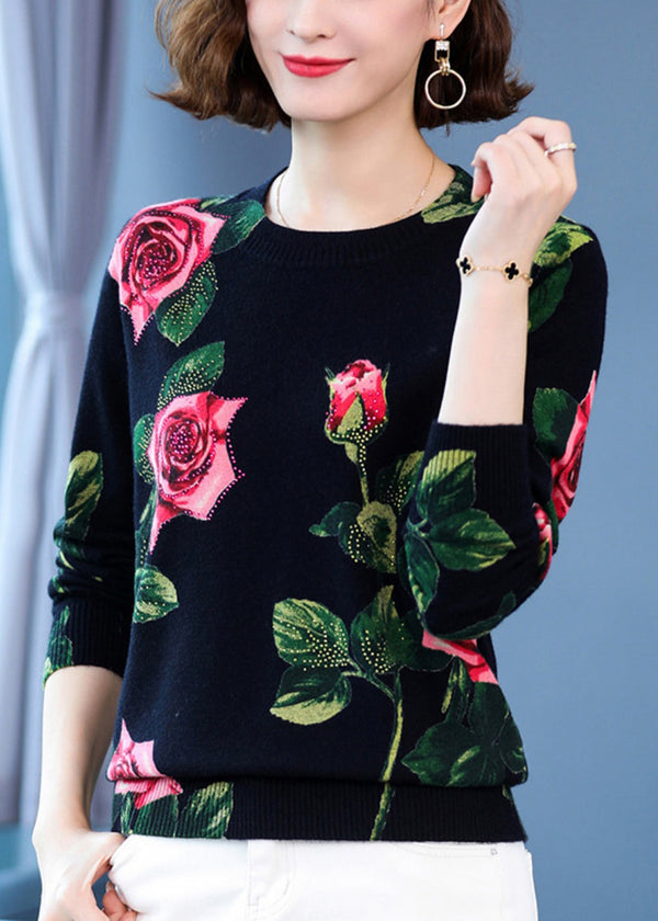 Elegant Black O Neck Print Woolen Knit Pullover Spring