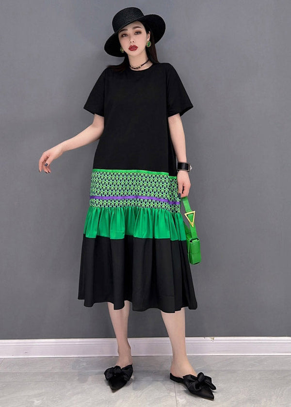 Elegant Black O-Neck T Shirt Patchwork Fishtail Dress Short Sleeve