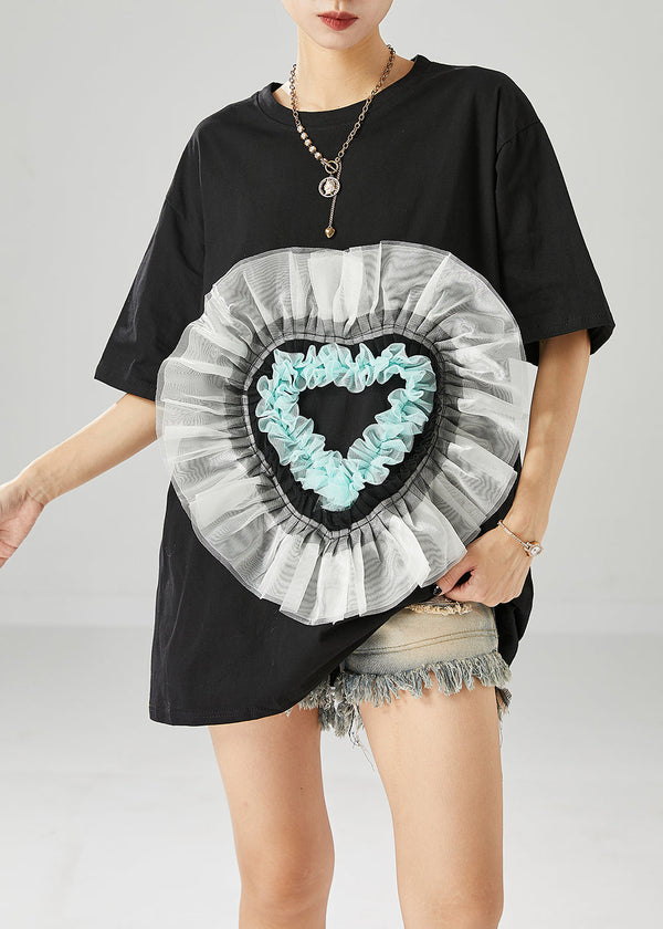 Elegant Black Oversized Patchwork Love Appliqued Cotton Tank Tops Summer