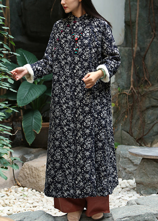 Elegant Black Print Button Patchwork Warm Fleece Maxi Dresses Winter