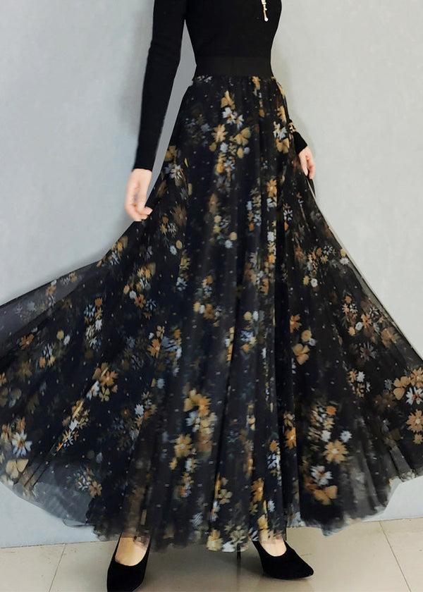 Elegant Black Print High Waist Maxi Skirts Spring