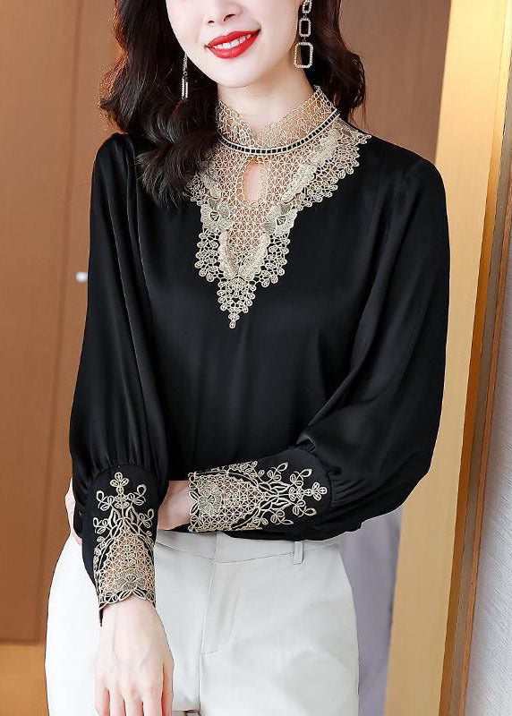 Elegant Black Stand Collar Embroidered Patchwork Chiffon Blouse Top Long Sleeve