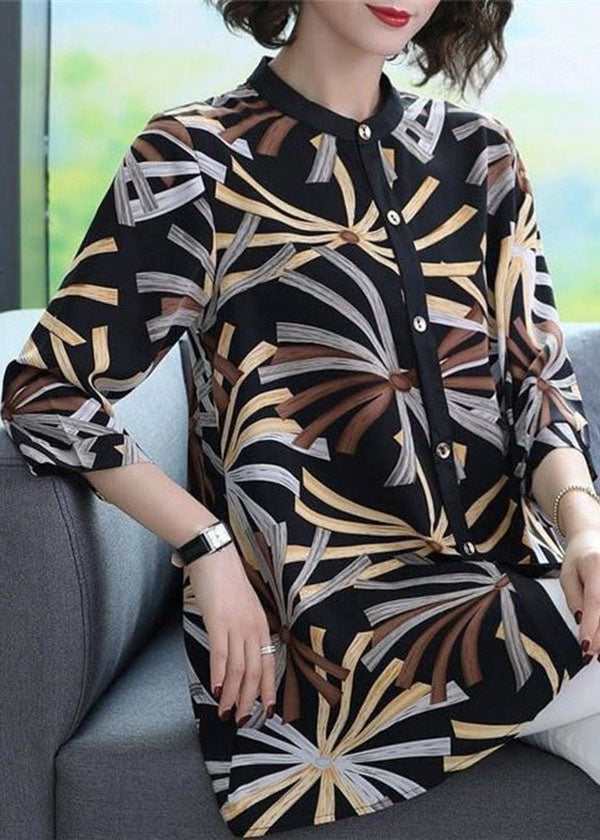 Elegant Black Stand Collar Print Chiffon Women's Shirts Bracelet Sleeve