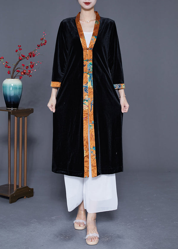 Elegant Black V Neck Patchwork Chinese Button Silk Velour Trench Coats Spring