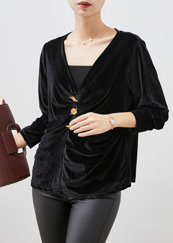 Elegant Black V Neck Wrinkled Silk Velour Blouse Tops Spring