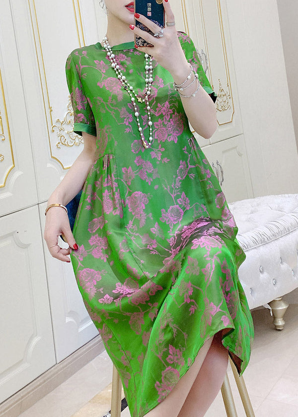 Elegant Blackish Green O-Neck Print Wrinkled Silk Dresses Short Sleeve