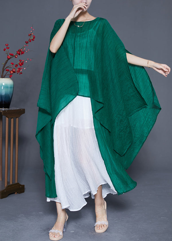 Elegant Blackish Green Oversized Asymmetrical Design Silk Two Pieces Set Summer