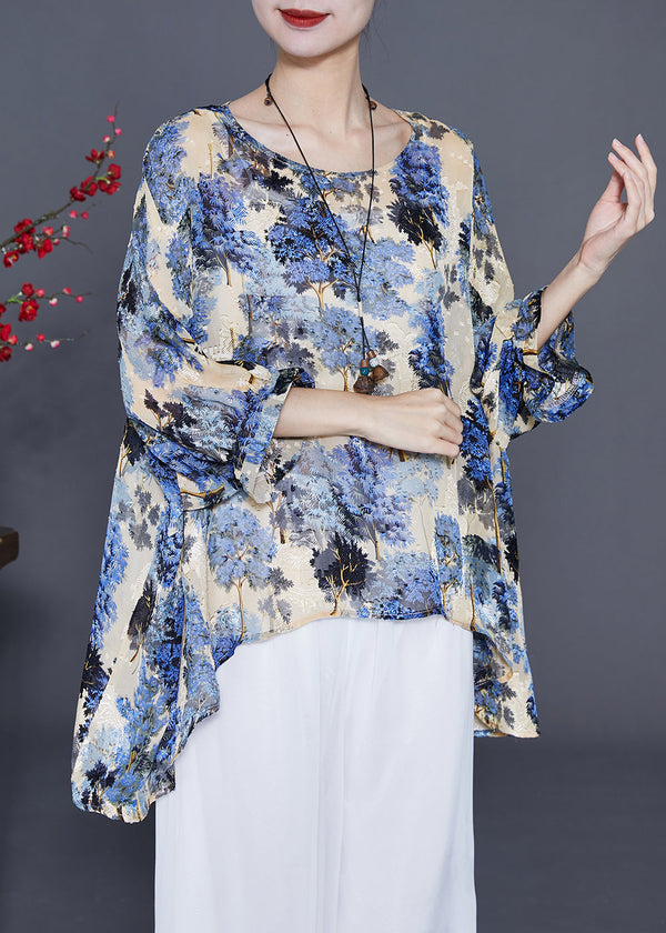 Elegant Blue Oversized Print Silk Blouse Tops Summer