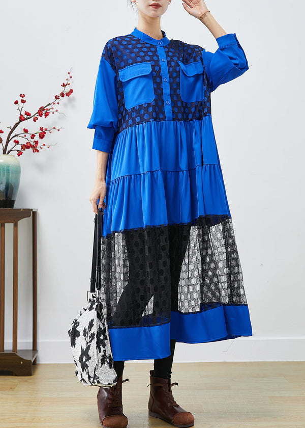 Elegant Blue Stand Collar Patchwork Lace Cotton Dress Fall