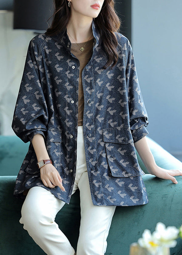 Elegant Blue Stand Collar Print Pockets Coats Long Sleeve