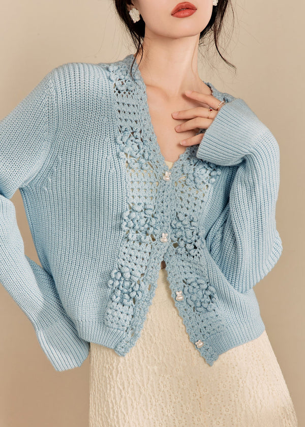 Elegant Blue V Neck Hollow Out Knit Cardigan Fall