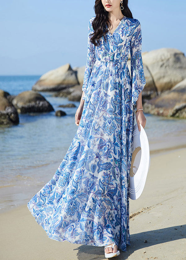 Elegant Blue V Neck Print Elastic Waist Chiffon Vacation Maxi Dresses Flare Sleeve