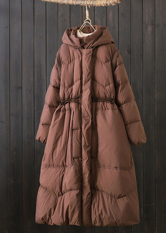 Elegant Brown Hooded Patchwork Pockets Duck Down Puffer Winter