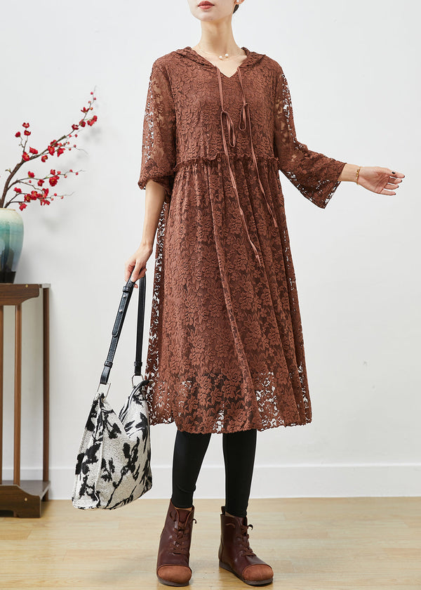 Elegant Coffee Hooded Ruffled Lace Dresses Fall