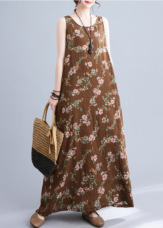 Elegant Coffee O-Neck Print Linen Beach Dresses Sleeveless