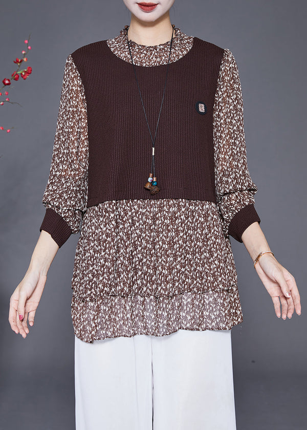 Elegant Coffee Print Patchwork Chiffon Knit Fake Two Piece Shirt Fall