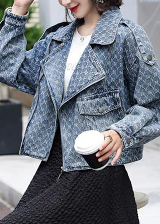 Elegant Denim Blue Notched Zippered Plaid Coat Long Sleeve