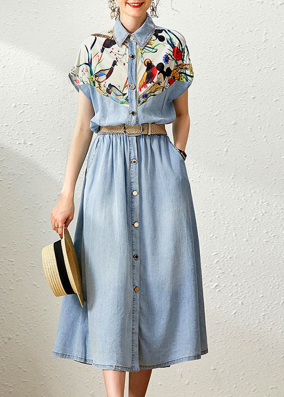 Elegant Denim Blue Peter Pan Collar Patchwork Print Cinched Dresses Summer