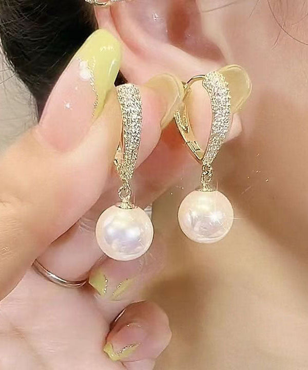 Elegant Gold Sterling Silver Alloy Inlaid Zircon Love Pearl Hoop Earrings