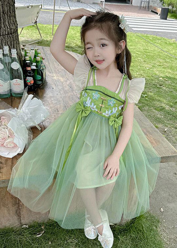 Elegant Green Embroidered Patchwork Bow Tulle Kids Long Dress Short Sleeve