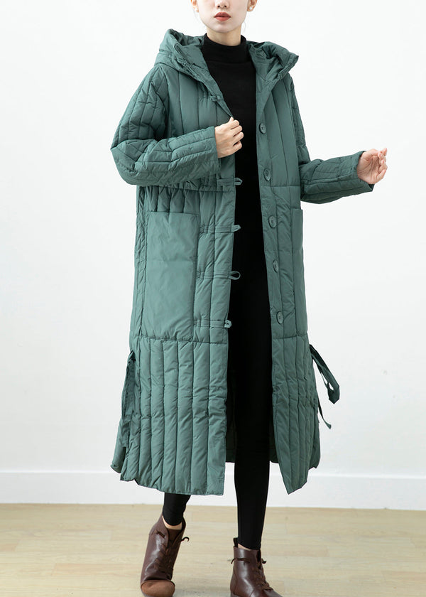 Elegant Green Hooded Pockets Fine Cotton Filled Long Coat Winter