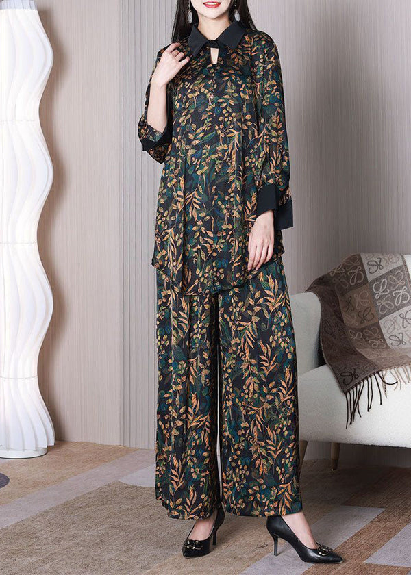 Elegant Green Leaf Print Oversized Draping Silk Two Piece Set Spring